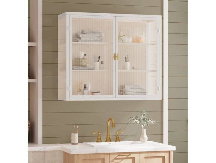 WOVREO Armoire murale 2 portes 70 cm en métal et verre strié blanc
