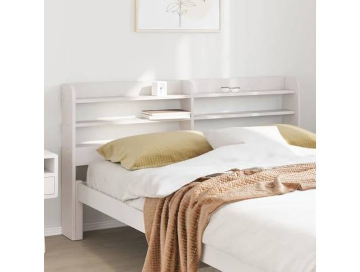 KTHLBRH Kopfteil mit Einlegeböden, weiß, 140 cm, aus massivem Kiefernholz, rustikales Design und stabile Struktur, großer Stauraum mit 3 Ablagen, ideal zur Optimierung des Zimmers