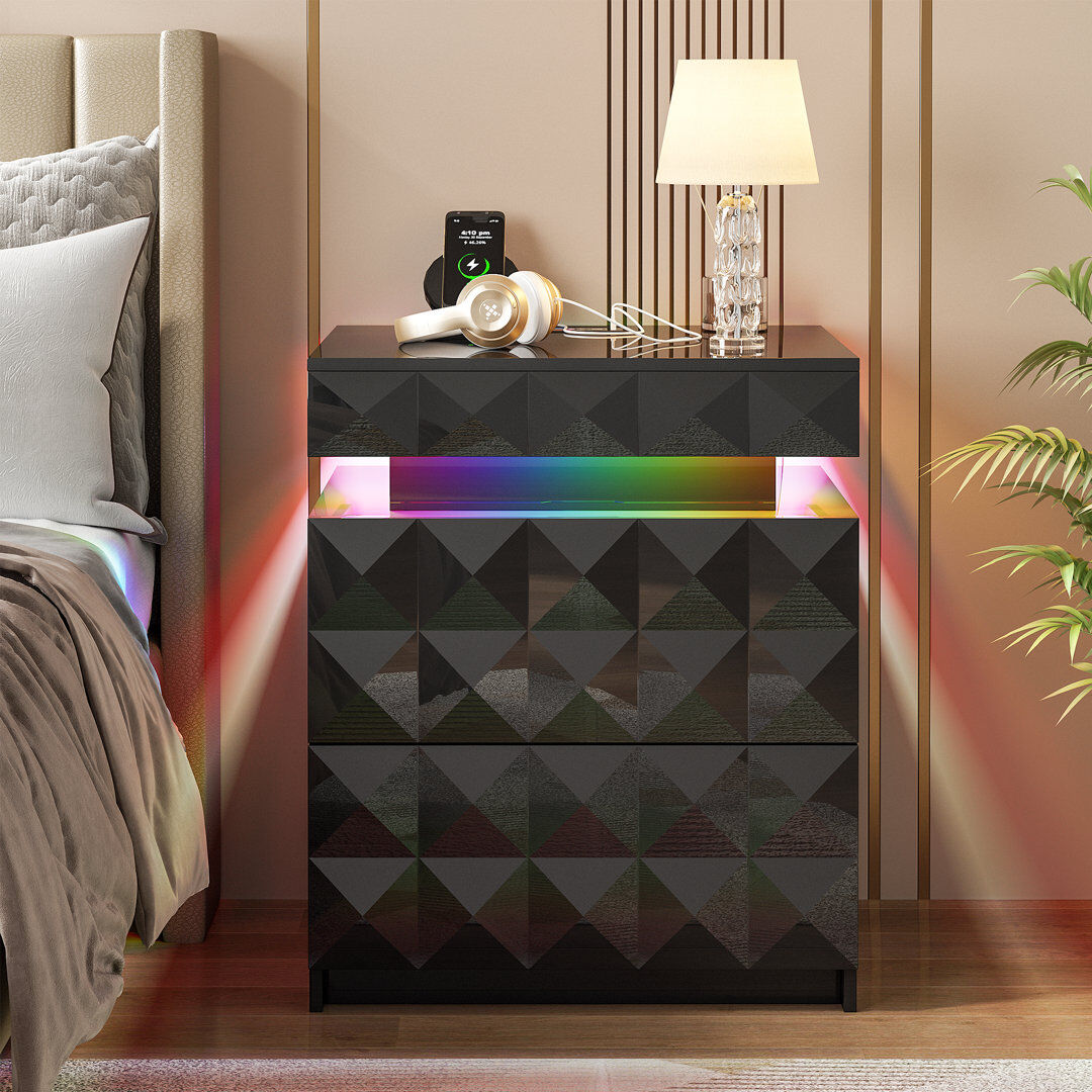 Metro Diamond-Textured 2 - Drawers Bedside Table with Hidden Storage and Lockable, Modern Nightstand with Human Sensor Light Black 60cm H X 50cm W X 40cm D