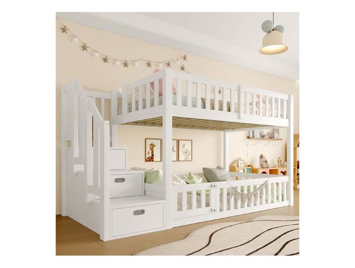 Flieks Etagenbett, Massivholz Kinderbett 90x200cm mit Stauraumtreppe & oberem Lattenrost