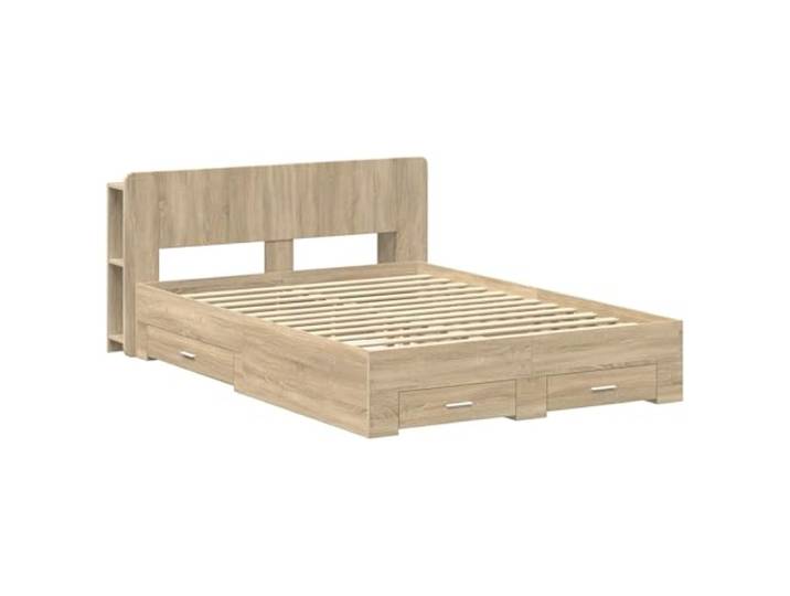 Bettgestell mit Stauraum und Kopfteil Holzwerkstoff Sonoma-Eiche 150 x 200 Schubladen im Bettgestell, vertikale Ablageflächen, Kopfteil-Schrank, Holzwerkstoff, klares Design, einfache Montage