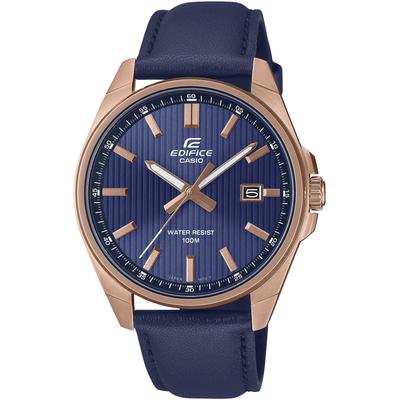 Quarzuhr CASIO EDIFICE, blau (dunkelblau, bronze, dunkelblau), Armbanduhren, Herren, roségoldfarben, Quarzuhr, Armbanduhr, Herrenuhr, analog, Datum, Lederarmband
