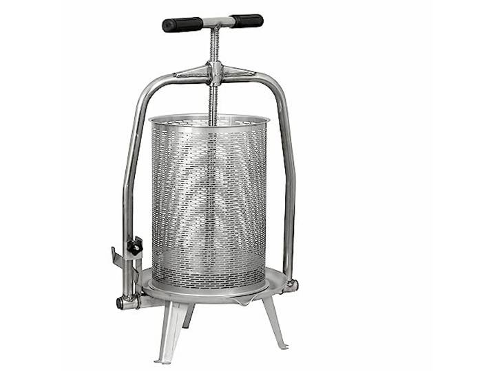 Obstpresse Fischer V22: manuelle Edelstahl Spindelpresse mit 22 L Presskorb, kippbare Spindel, komplett aus Edelstahl