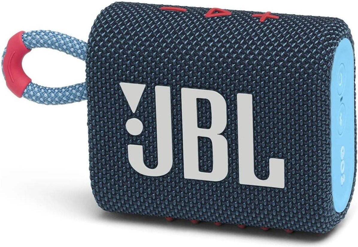 JBL GO 3 - Wireless Bluetooth portable speaker with integrated loop for travel with USB C charging cable, Blue/Pink, New