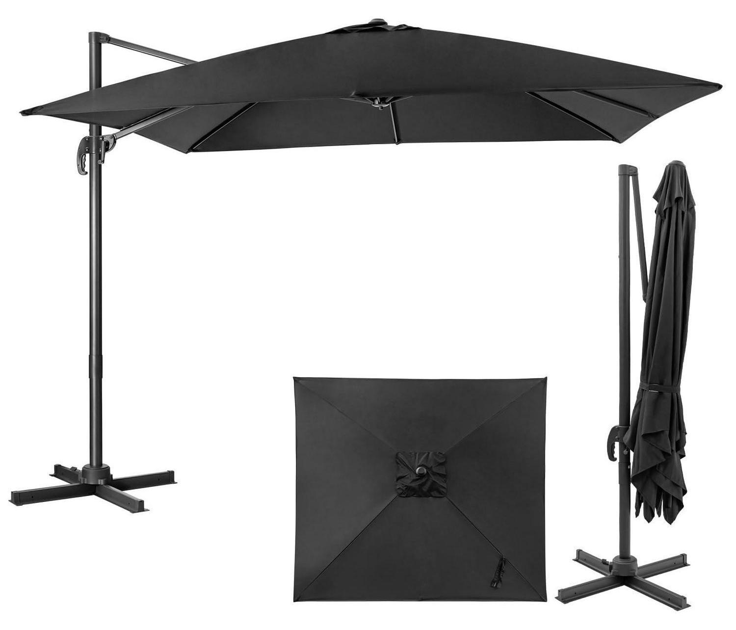 Ampelschirm 300x300 cm rechteckig, 360° drehbar, 3 stufig kippbar, mit Kurbel, UPF 30+ (Schwarz)