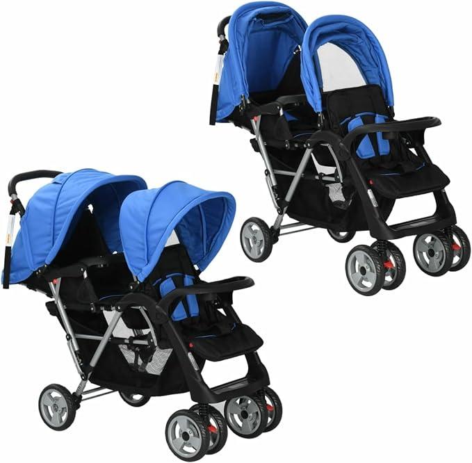 Tandem-Kinderwagen, Geschwisterwagen Zwillingswagen Zusammenklappbar Stahl Blau und Schwarz, für Zwillinge und Geschwister