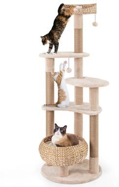 Costway 59 Inches Cat Tree with Perch and Soft Hammock for Indoor Cats-Beige