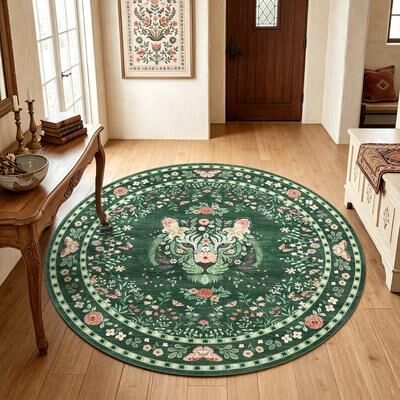 Garvee Tiger Head Floral Washable Low Pile Non-Slip Area Rug