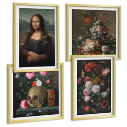 BILDER SET 4er Set - 50x50 cm & 40x60 cm Goldrahmen - Vintage Blumen Totenkopf Mona Lisa