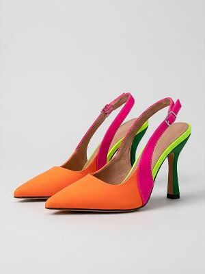 LightInthebox Women's Vibrant Orange Multi-Color Slingback Heels - Stylish Pointed Toe High Heel Pumps with Neon Pink Green Accents for Daily Work, City Chic Outfits Summer Social Events