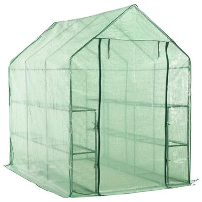 Helloshop26 - ebenerdiges Gewächshauszelt/Überdachung für Pflanzen Blumen und Gemüse mit 12 Stahlregalen 143 x 214 x 196 cm grün 02_0044655