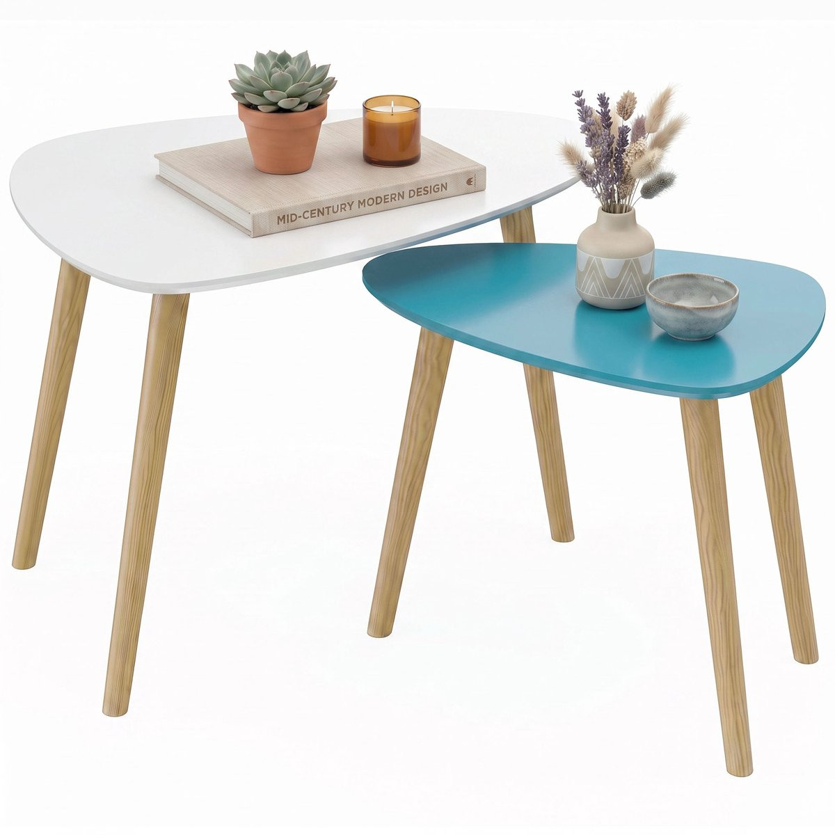 HOMCOM Salontafelset in MDF - Wit en blauw - B: 59,5 cm, D: 39,5 cm, H: 45 cm