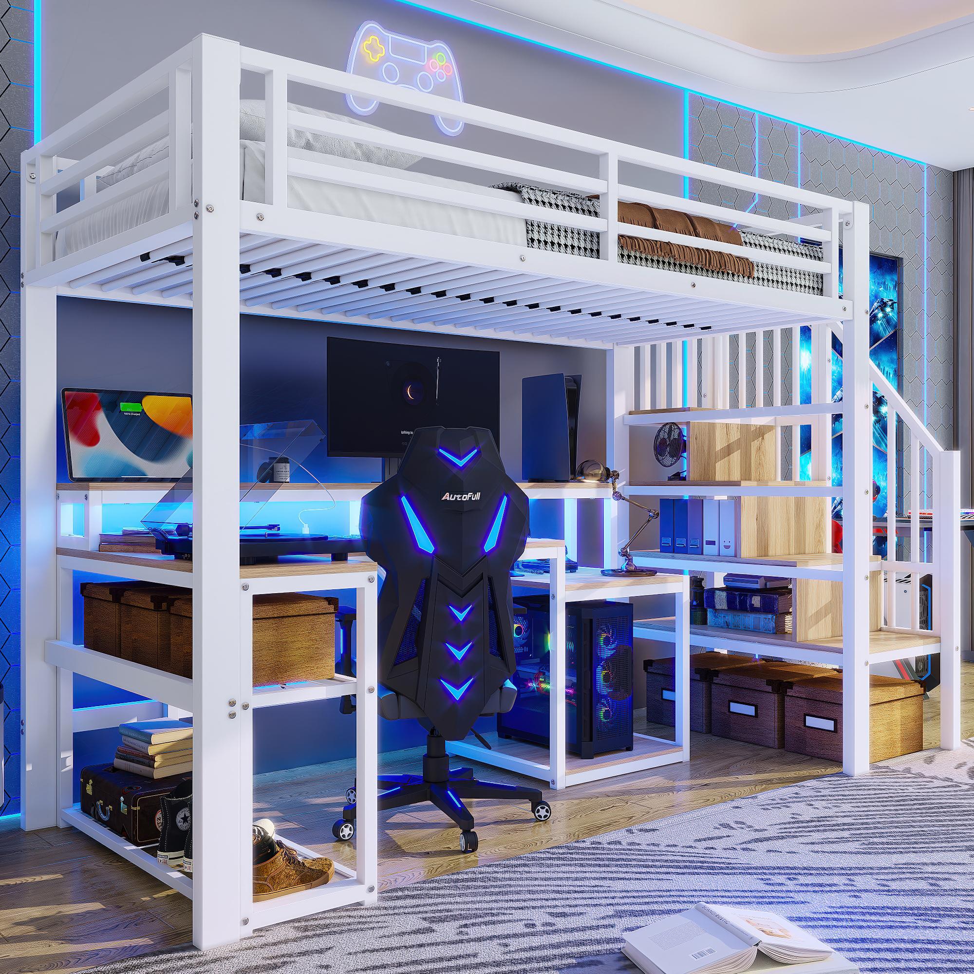 Merax Etagenbett Hochbett 90x200cm, Stockbett mit Schreibtisch, Stauraumtreppe, Led Lichtleiste, Usb Anschluss, Metall Kinderbett Jugendbett, Weiß