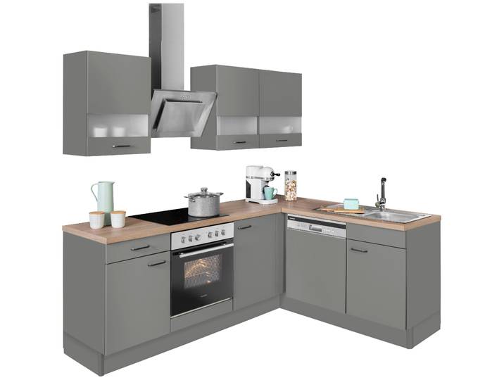 Winkelküche OPTIFIT Elga , grau (küche: grau, korpus: basaltgrau, arbeitsplatte: eichefarben hell), B:225cm T:175cm, Komplettküchen-Sets, Winkelküche, Premium-Küche, Soft-Close-Funktion, Vollauszug, Stellbreite 225x175cm