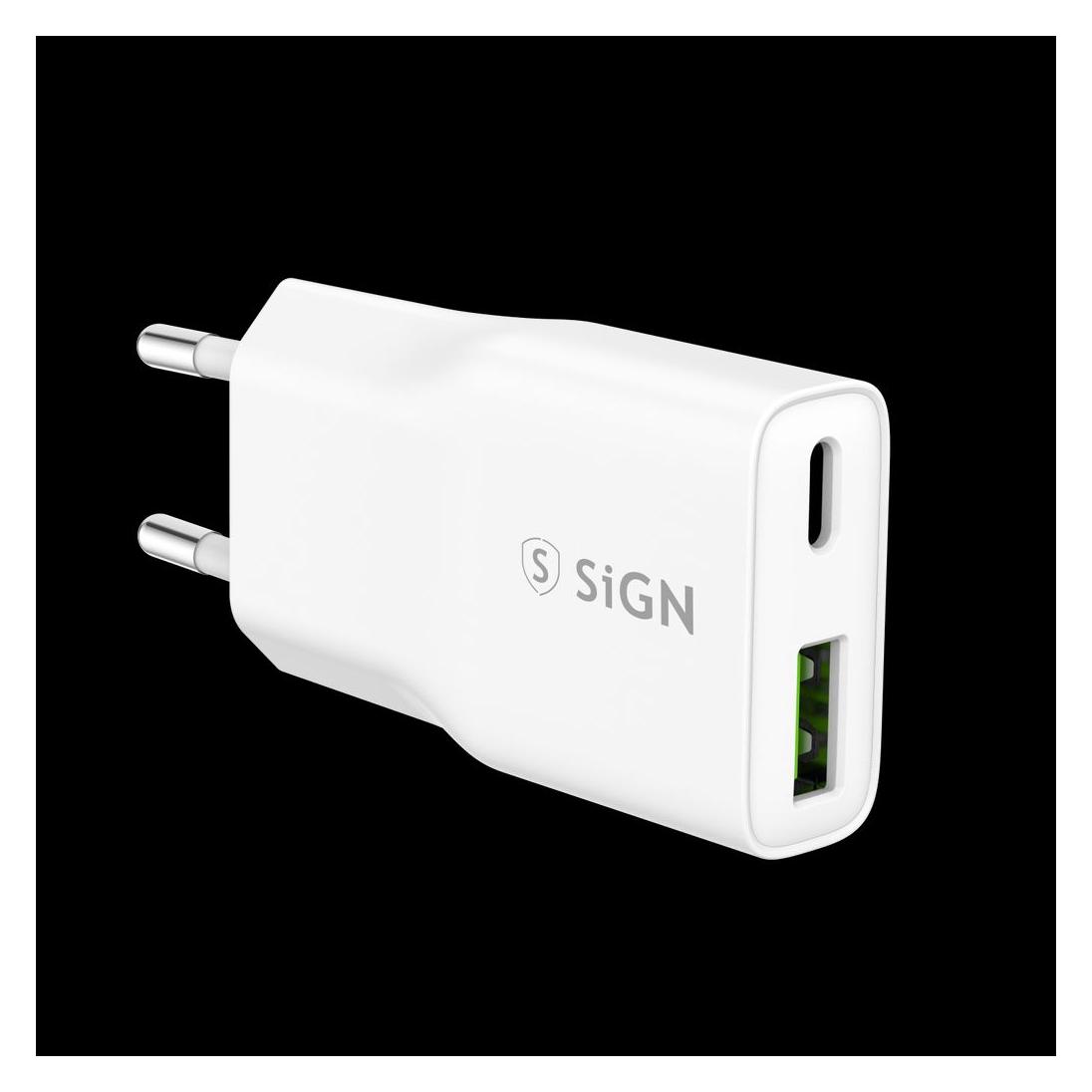 SIGN GaN Fast Charger USB-A & USB-C, PD & QC3.0, 3A, 20W - White (20 W) (SN-GAN20WAC)