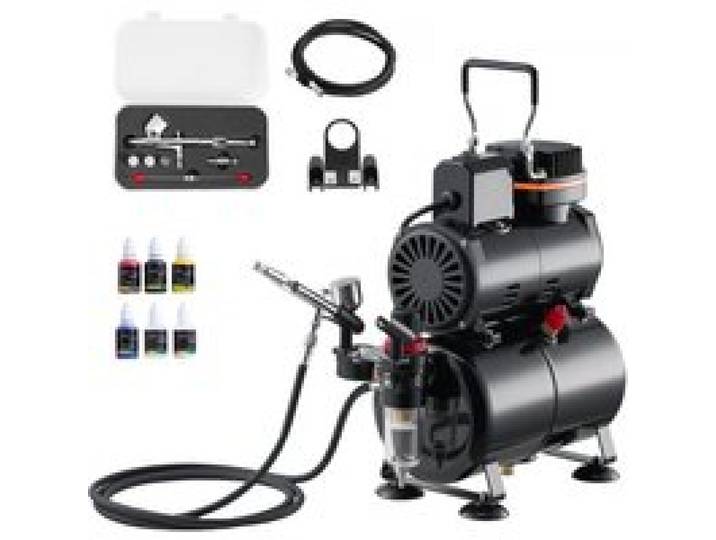 VEVOR Airbrush Set 1/6 PS mit Luftkompressor & Tank, 1 Dual Action Airbrush Pistole mit 3 Düsen (0,2/0,3/0,5 mm) & Schlauch & Acrylfarbe & 1 Ventilator, für Kuchendekoration Modellmalerei Nagelkunst