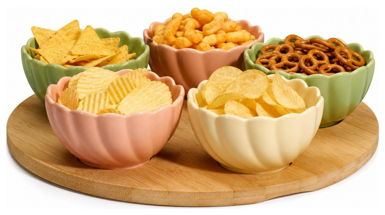 Excellent Houseware Set van 5 bloemvormige bakjes met bamboe plank en bord