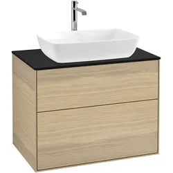 Villeroy & Boch Waschbeckenunterschrank Finion F75, Eckig Oak Veneer mit Glass Black Matt Abdeckplatte, 800x603x501mm, 48kg, Wandmontage, 2 Auszüge mit SoftClosing und Push-to-open Funktion