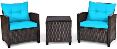 Costway 3 Pcs Patio Rattan Furniture Set Cushioned Conversation Set Coffee Table-Turquoise