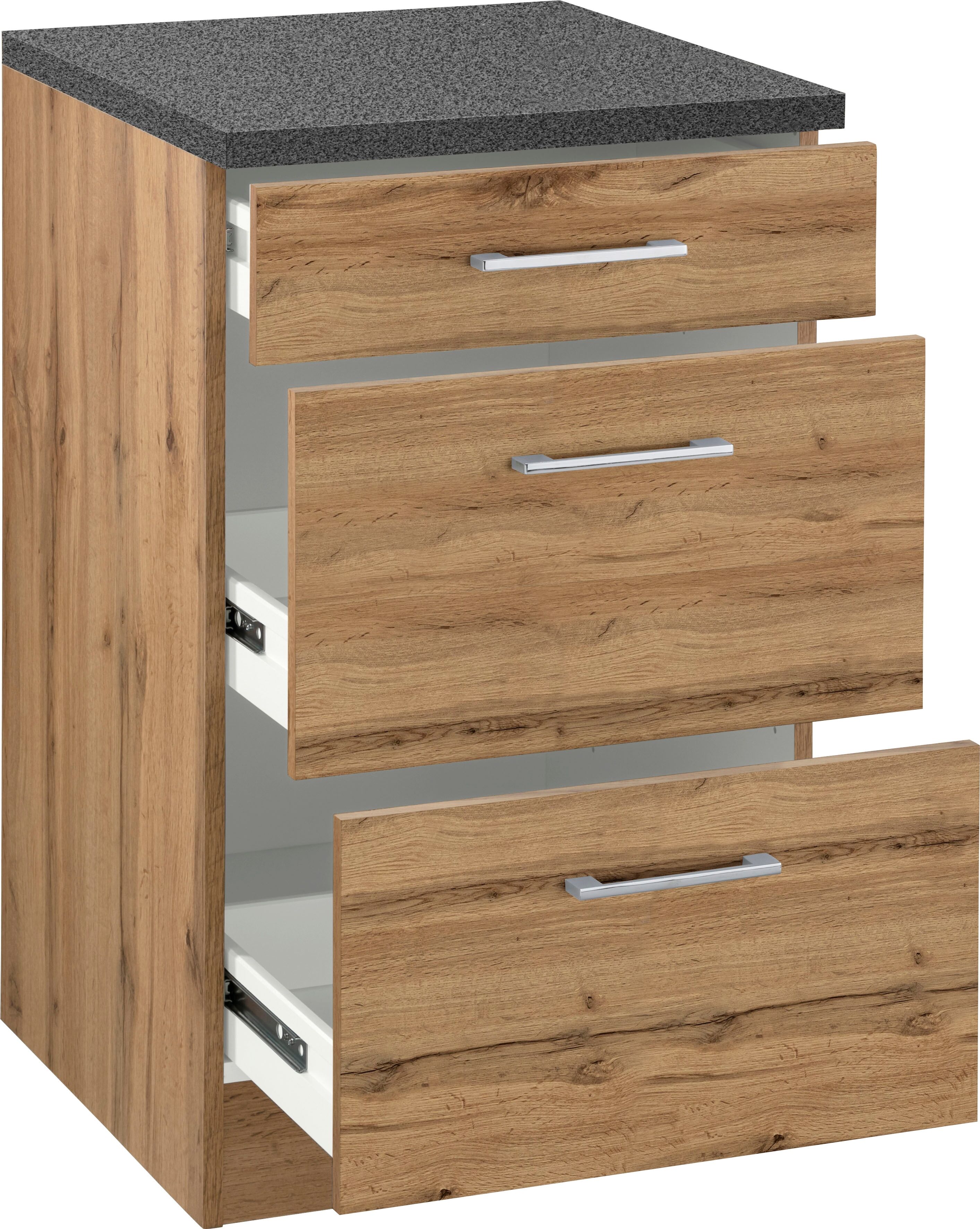Auszugsunterschrank KOCHSTATION "KS-Colmar", braun (wotaneiche), B:50cm H:85cm T:60cm, Holzwerkstoff, Schränke, 50 cm, mit Metallgriff, alles sofort greifbar dank zwei großer Auszüge