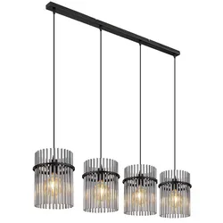 LED Hängeleuchte Pendellampe schwarz Esstischleuchte 4 flammig Rauchglas, Metall schwarz, 4x E27 Filament LED warmweiß, LxBxH 110x20x140 cm
