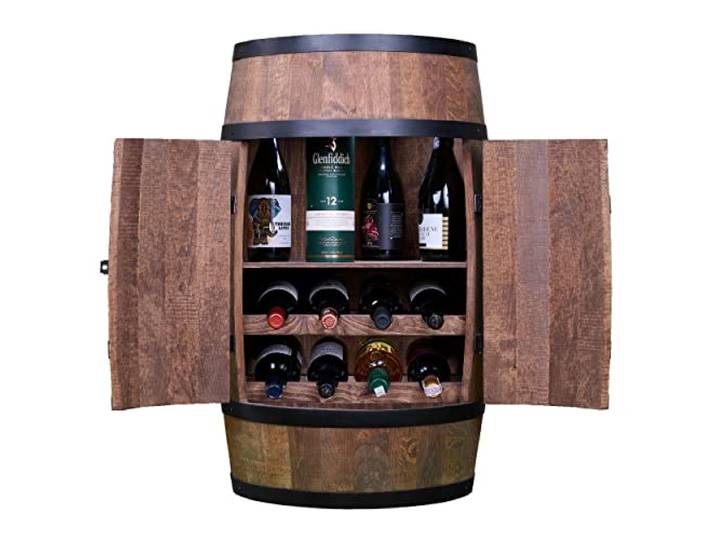 CREATIVE COOPER Weinfass Stehtisch mit Tür, Weinliegen und Regal- Alkoholschrank Flaschenregal - Holzfass - Fassmöbel - Wine Rack - Wineregal Holz - Weinbar - Fass bar mit Tür - Fassbar 80cm Wenge