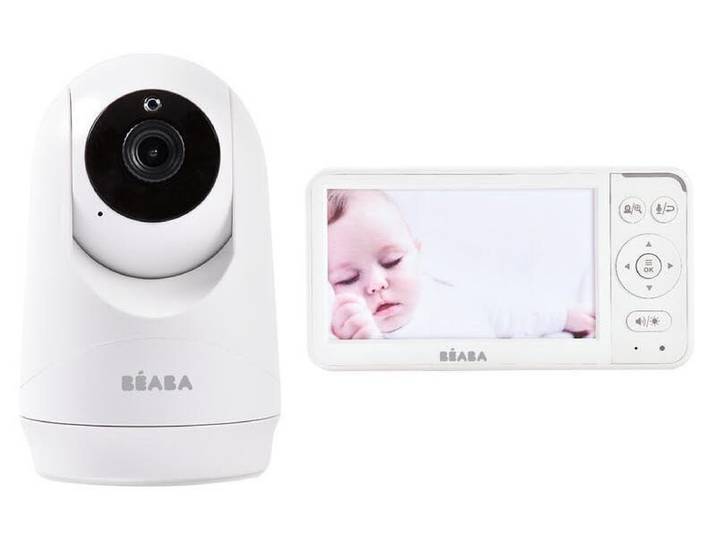 BÉABA, Babyphone Kamera Zen Plus 2-360° dehbar, 5 Zoll HD-Bildschirm, Nachtsicht, Walkie-Talkie, Thermometer, 8 Wiegenlieder, Reichweite 300m, Betriebsdauer 20h, 4 anschließbare Kameras, Weiß