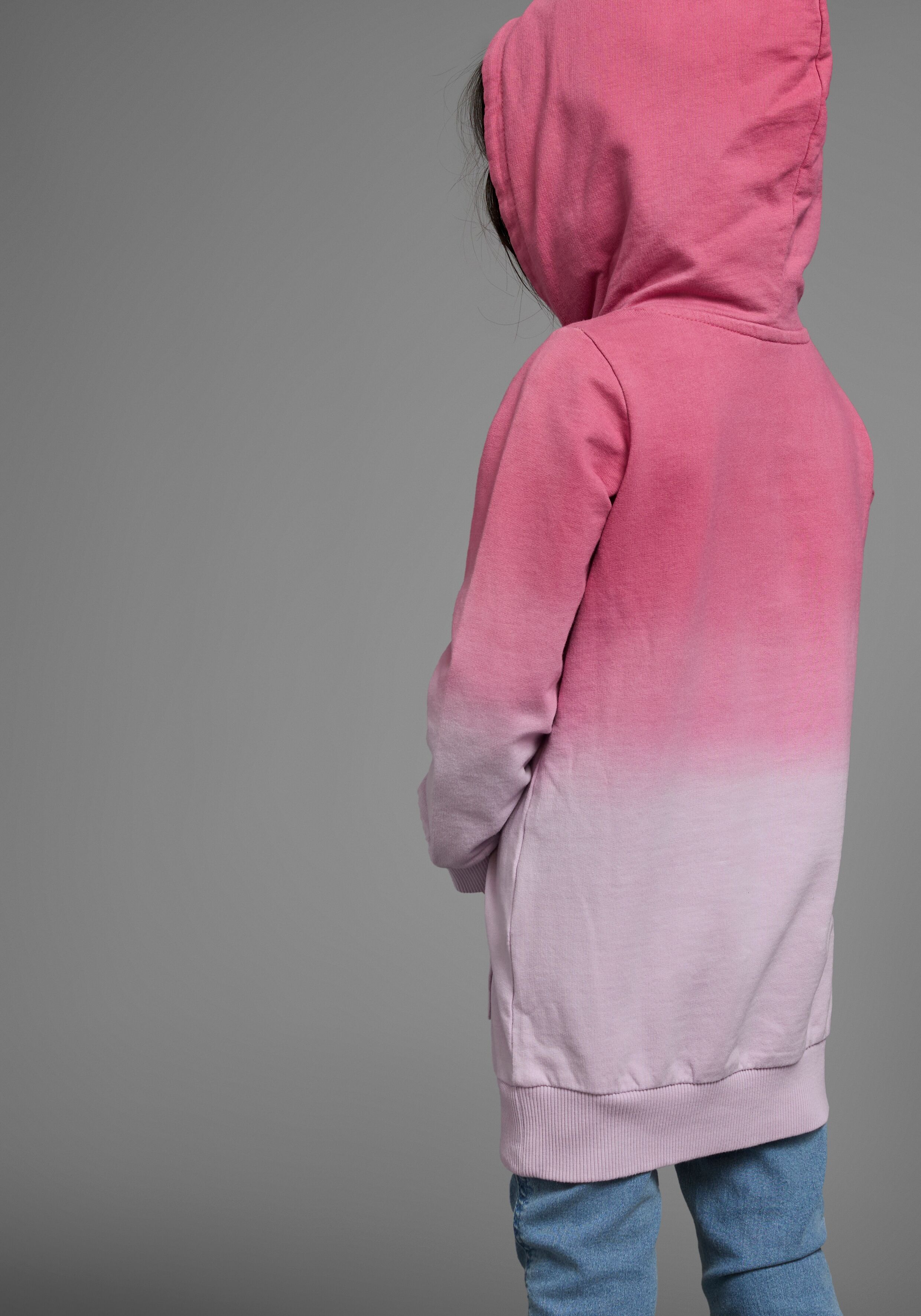 Kapuzensweatshirt KIDSWORLD "Longsweatshirt mit LOVE print", Jungen, Gr. 104/110, bunt (pink, flieder), Sweatware, Obermaterial: 100% Baumwolle, bedruckt, mehrfarbig, Basic Po-bedeckend, Bündchen, Sweatshirts Kapuzensweatshirt, Langarm, po-bedeckend, mit 