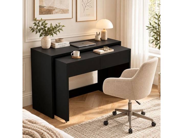 Bureau d'Ordinateur avec 2 tiroirs de rangement et roulettes frein - noir