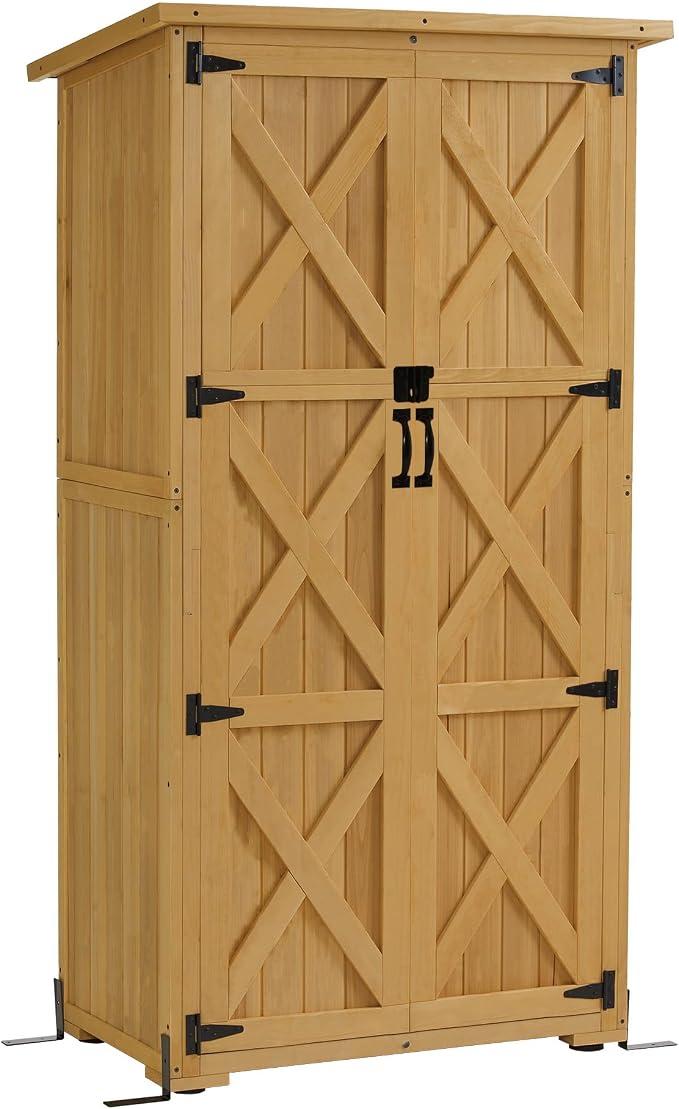 Holz Gartenschrank, Outdoor Gerätehaus Geräteschuppen, Gartenhaus Klein Wetterfest, für Außenbereich Balkon Terrasse, 55×90×169cm, 0878 (Natur)