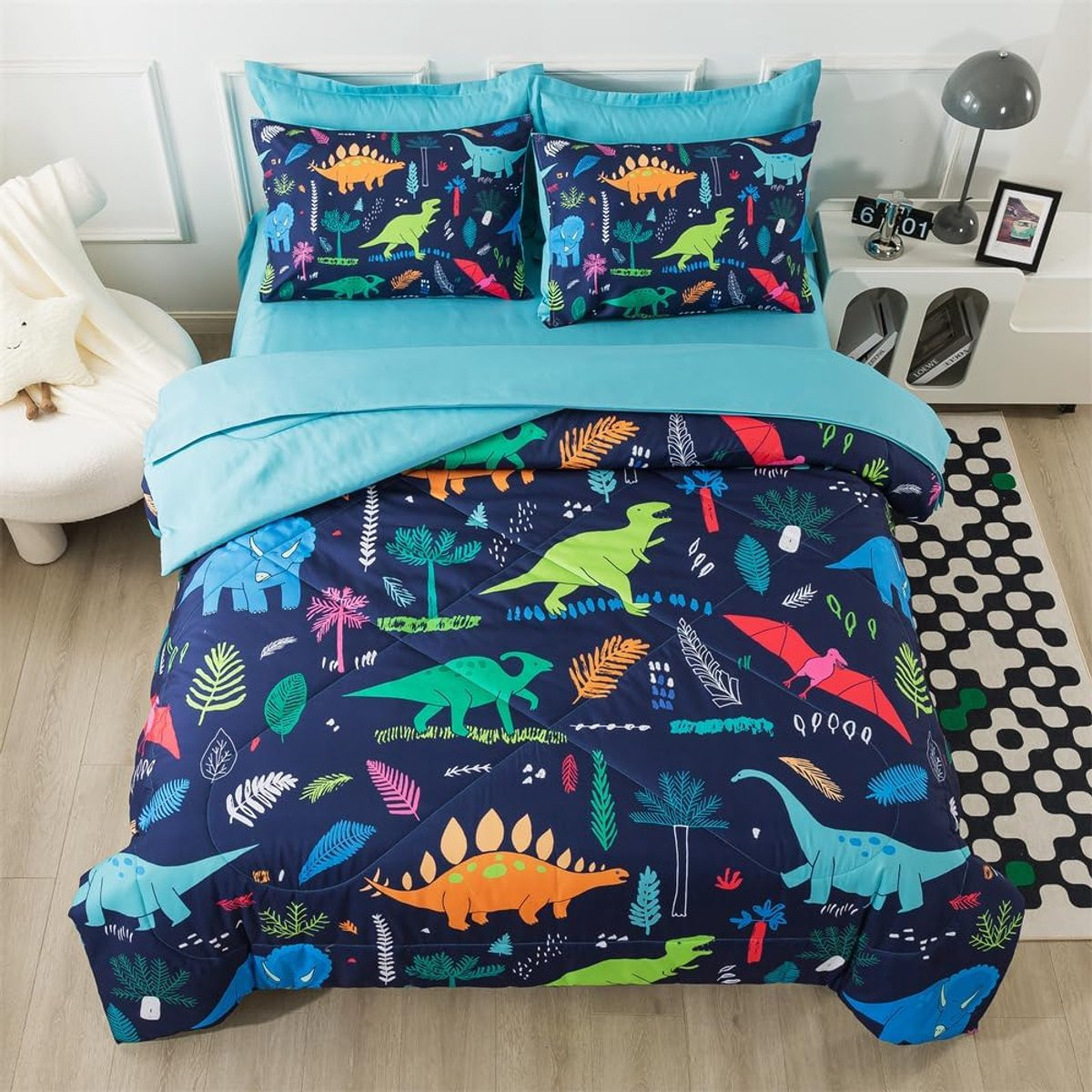 Dinosaurus Tweepersoons Dekbedovertrek Set voor Kinderen - 5-Delige Beddengoed Set voor Jongens