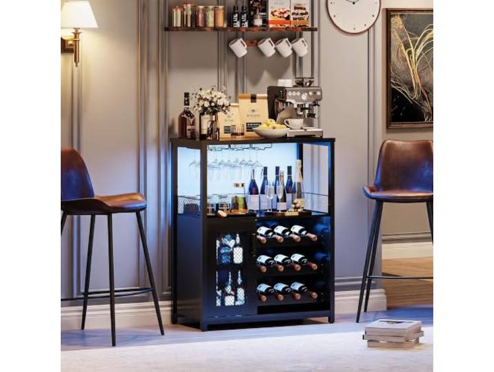 GarveeMore Barschrank Industrie Stil mit LED Flaschenregal Küche Wohnzimmer Abnehmbare Glashalter, Gittertür, Stauraum, für Essbereich und Hausbar, standsicher, pflegeleicht