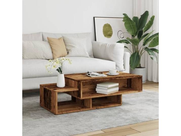 KTHLBRH Couchtisch aus antikem Holz, 105 x 55 x 32 cm, Spanplatte 3 asymmetrische Fächer, großer Stauraum, robuste Platte, stabil und langlebig