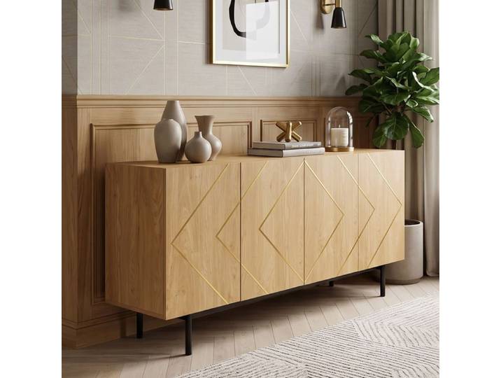 Buffet Enfilade 160x40x78cm Grand Rangement 4 Portes Design Soigné Lignes Dorées