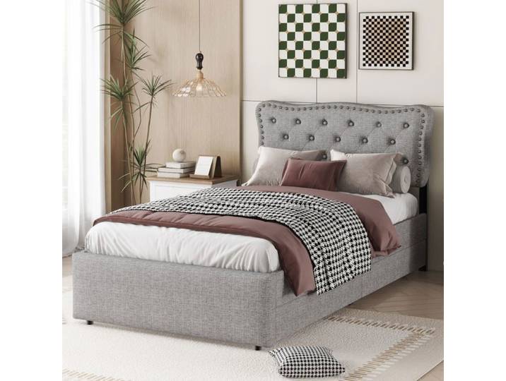 Lit Coffre 90x200cm 2 Tiroirs - Gris - Design Contemporain - 1 Personne