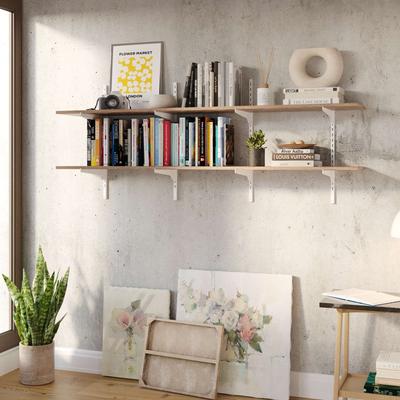 "Wallniture Turin 60"" Floating Shelves, Wall Bookshelf, Wood Shelf with Adjustable Brackets, Farmhouse, Tier & Finish Options"