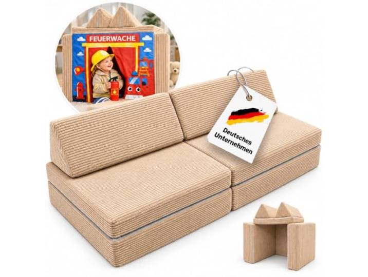 SCHRIMA® Spielsofa Kinder aus Cord Modulares Kindersofa & Kindercouch mit 3 Spielwelten Waschbare Bezüge Kiosk, Autowaschanlage & Feuerwache beige