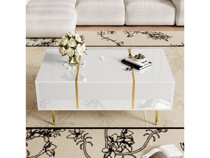 Table basse moderne PINGGO, simple, blanche, finition brillante, avec 2 tiroirs, table centrale décorative pour salon
