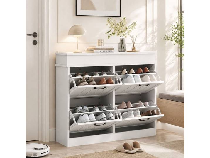 Meuble à Chaussures 4 Abattants - Armoire à Chaussures Design - Meuble de Rangement Entrée 16 Paires - Blanc