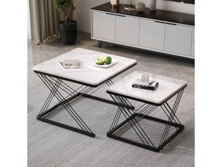 Table basse gigogne Lot de 2 Style moderne Table basse de salon carré 60x60x45+45x45x40cm Blanc brillant