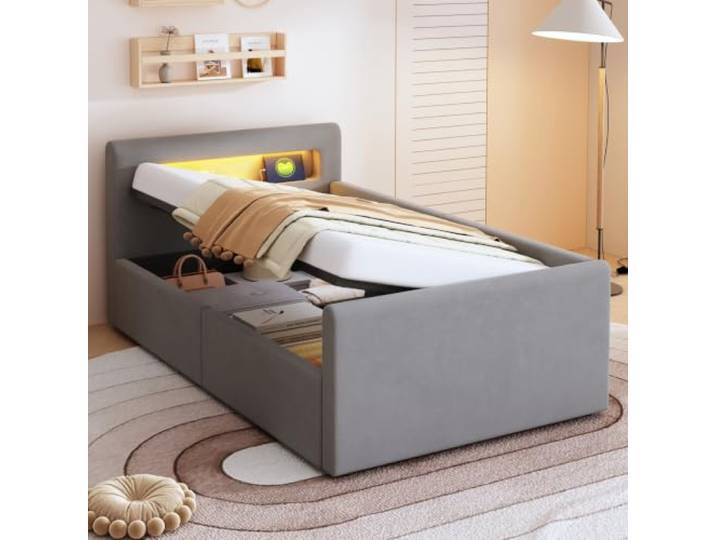 Ropilly Polsterbett Kinderbett 90x200 Einzelbett mit LED Licht und USB sowie Bett mit hydraulischem Stauraum für Kinderzimmer