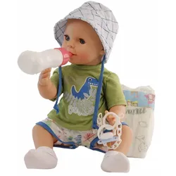 Schildkröt Trink + Näßbaby "Finn" 40 cm mit Malhaar und blauen Schlafaugen, Kleidung g weiss/grün/blau