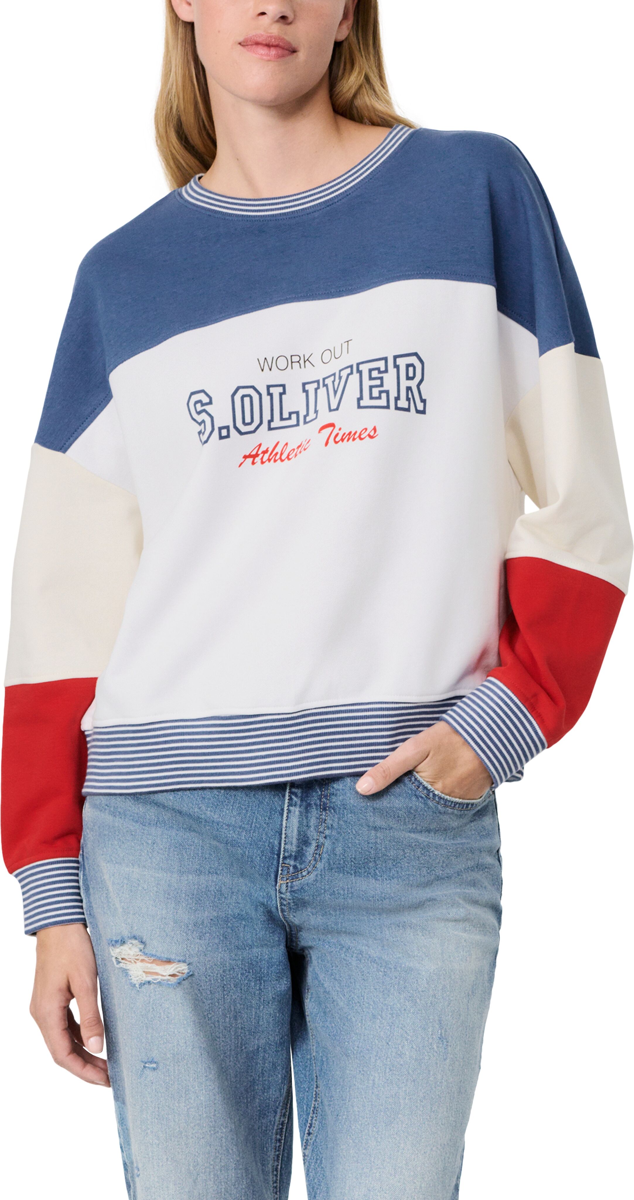 Sweater S.OLIVER "s.Oliver X Heidi Klum Sweatshirt Color Block", Damen, Gr. 46, dusty indigo, Sweatware, Obermaterial: 85% Baumwolle, 15% Polyester, bedruckt, geringelt, normal hüftbedeckend, Rundhals, Bündchen kontrastfarben, Sweatshirts Sweater, im Colo