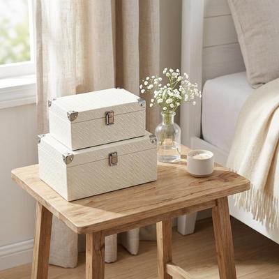 Cheungs Set of 2 Woven Vinyl Pattern Boxes with Front Buckle and Bronze Corners