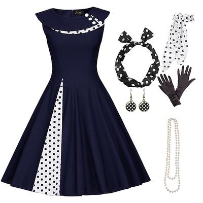 50er Jahre Outfit Schlagkleid 7-tlg 50er Jahre Accessoires Set Retro Vintage Swing Kleid Damen Cosplay Kostüm Party Date Festival