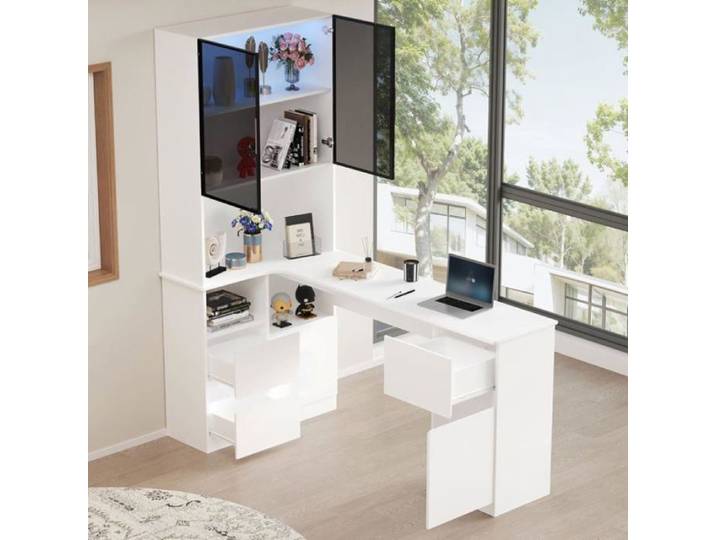 Petit bureau d angle rangement livres forme L 120x80x180cm bureau d'angle vitrine lumineuse LED 3 tiroirs 2 portes