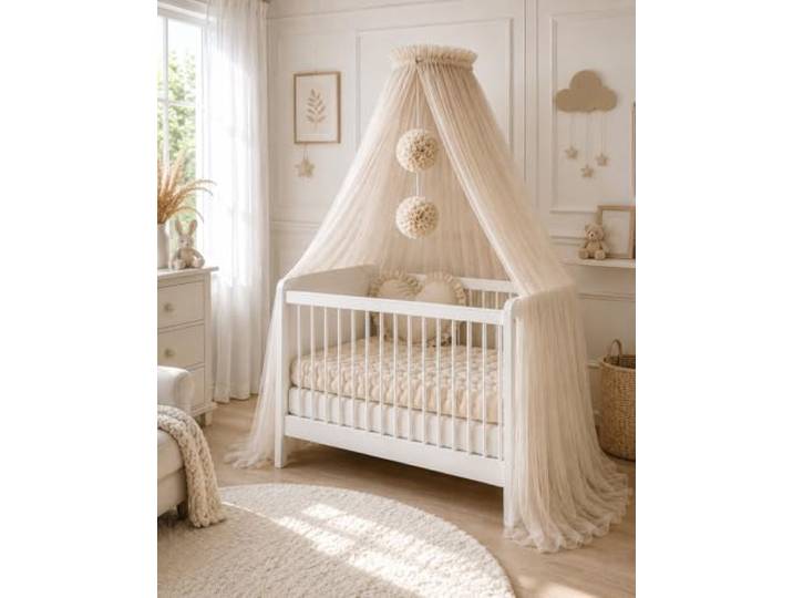Baby Fancyroom Betthimmel für Babybett, Prinzessin Babywiege, Moskitonetz, Beistellbett Himmel, Babyzimmer Deko, Baldachin Premium Tüll (Beige, Betthimmel mit Bommel)