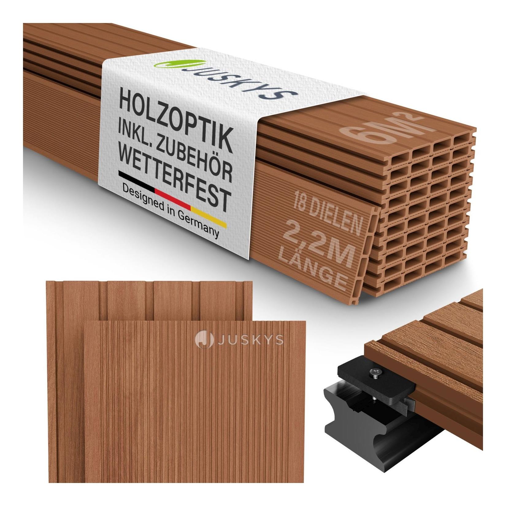 Juskys WPC Terrassendielen 6 m² – 220 cm Dielen, wetterfest inkl. Unterkonstruktion – Teak