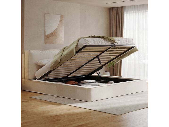 Lit Coffre 180x200 avec Rangement et 13cm Tete Lit 180x200 avec Sommier Lit Double Hydraulique avec à Lattes Chenille Beige