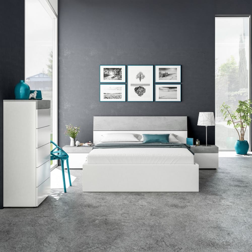 duehome Cabecero para cama de 135-150 cm y 2 mesitas con cajón blanco cemento